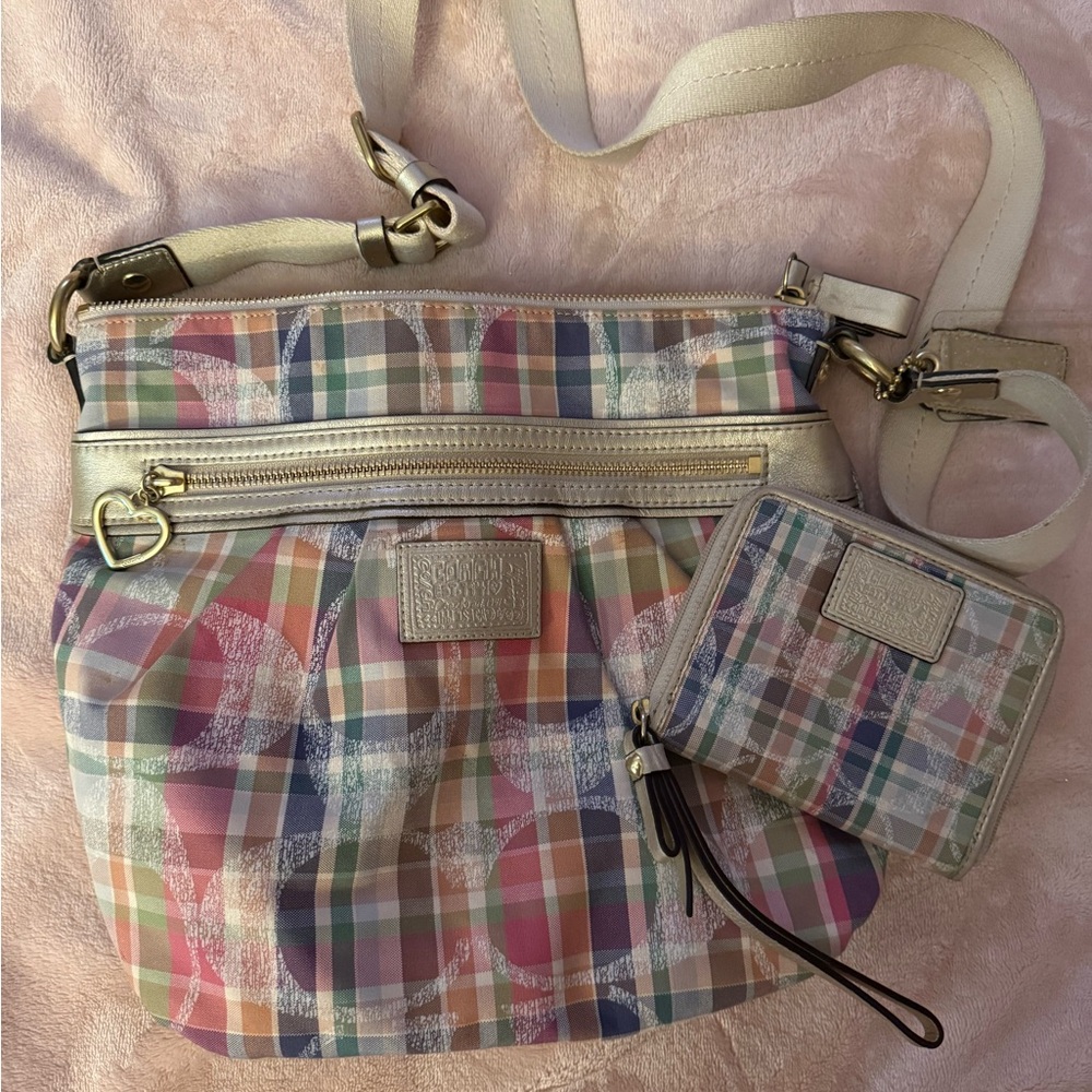 Coach Multicolor Poppy Plaid Crossbody Bag and Wallet Set